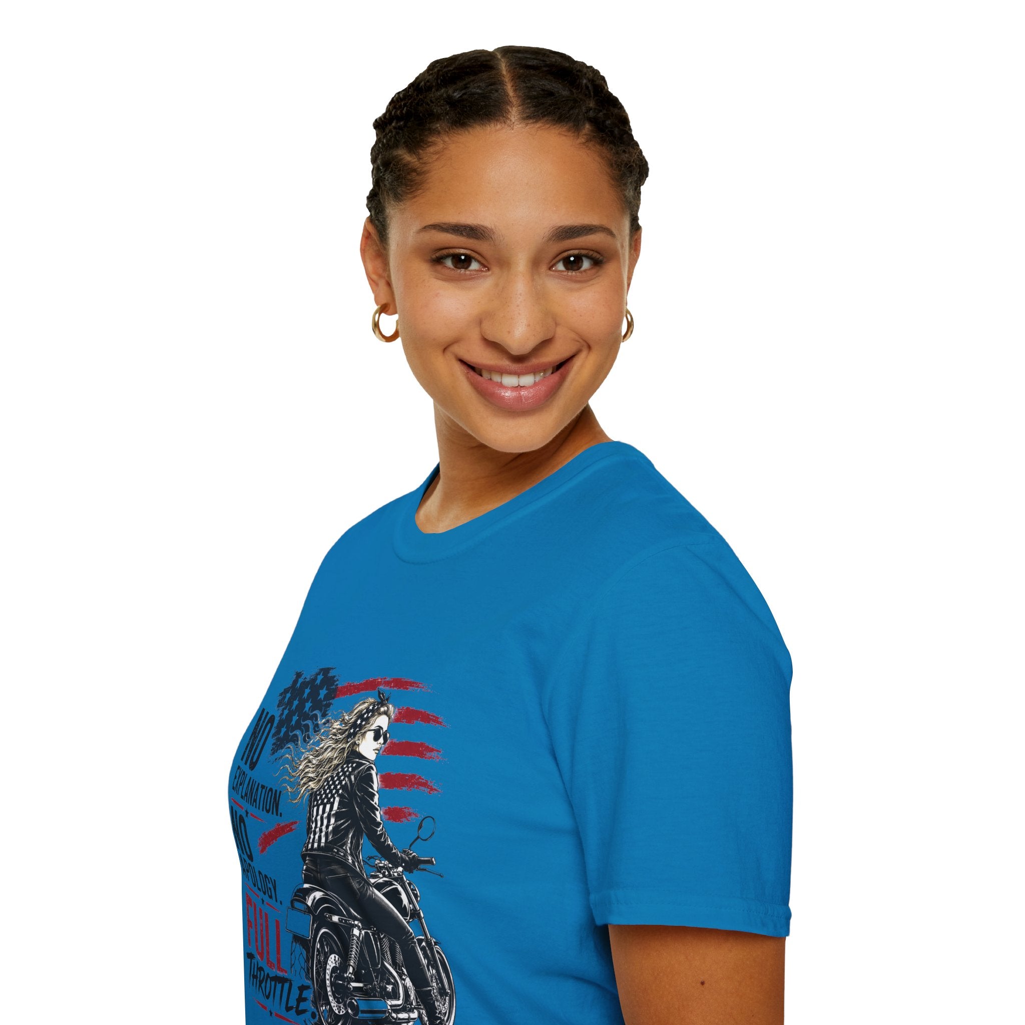 No Explanation No Apology Full Throttle Motorcycle T-Shirt | American Flag