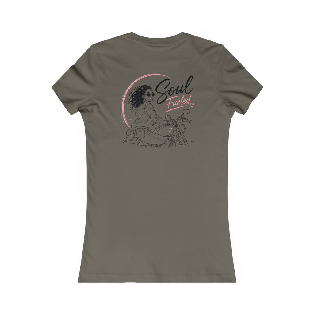 Women's Motorcycle Tee — "Soul Fueled" Graphic Shirt (dark hair)
