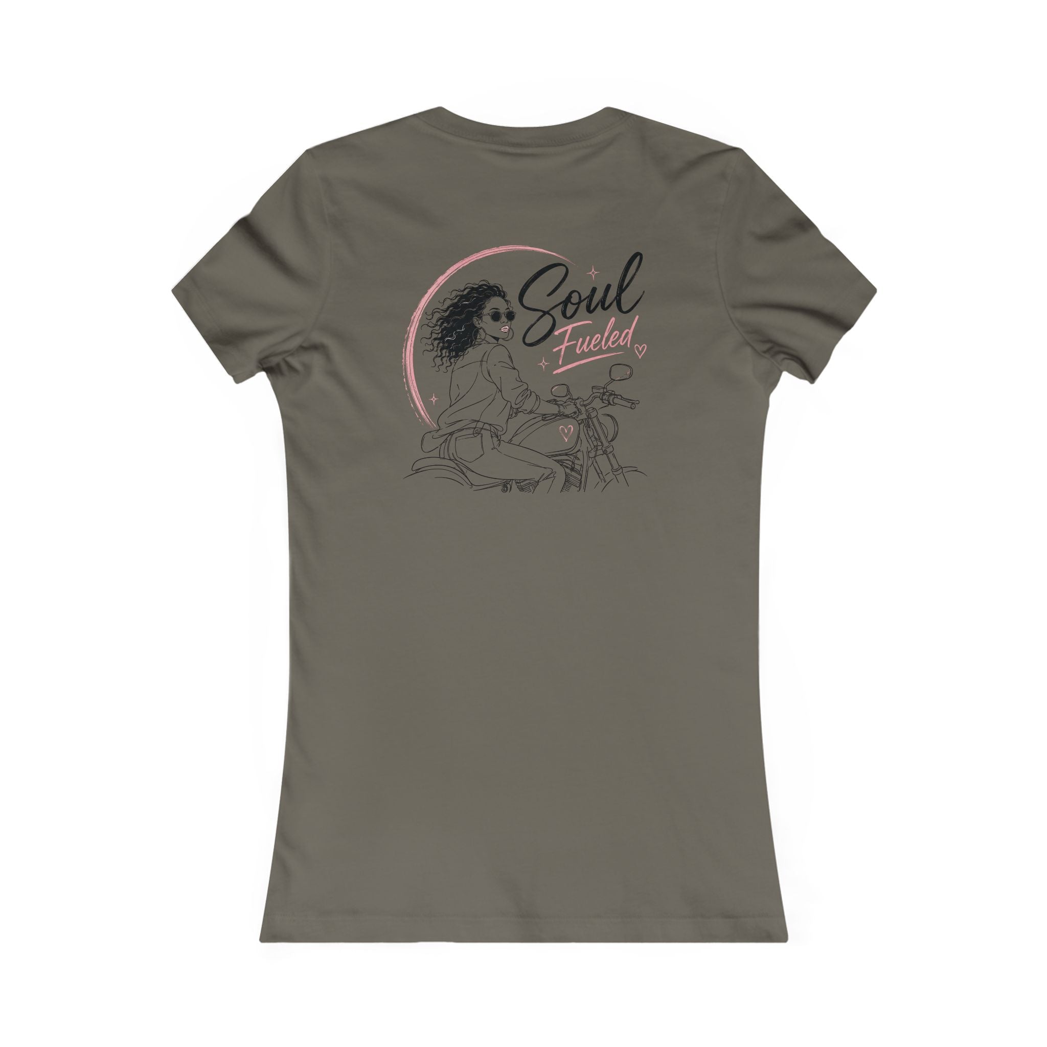 Women's Motorcycle Tee — "Soul Fueled" Graphic Shirt (dark hair)
