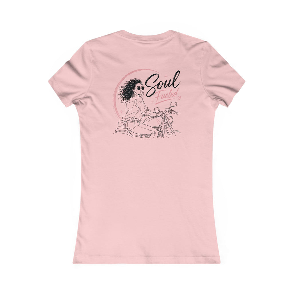 Women's Motorcycle Tee — "Soul Fueled" Graphic Shirt (dark hair)