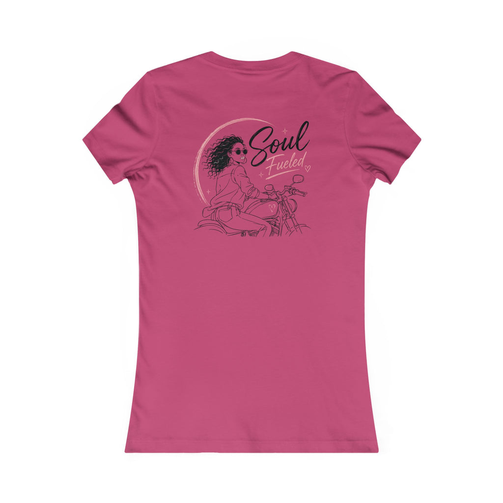 Women's Motorcycle Tee — "Soul Fueled" Graphic Shirt (dark hair)