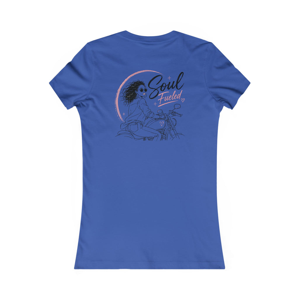 Women's Motorcycle Tee — "Soul Fueled" Graphic Shirt (dark hair)