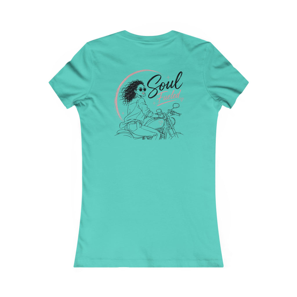 Women's Motorcycle Tee — "Soul Fueled" Graphic Shirt (dark hair)