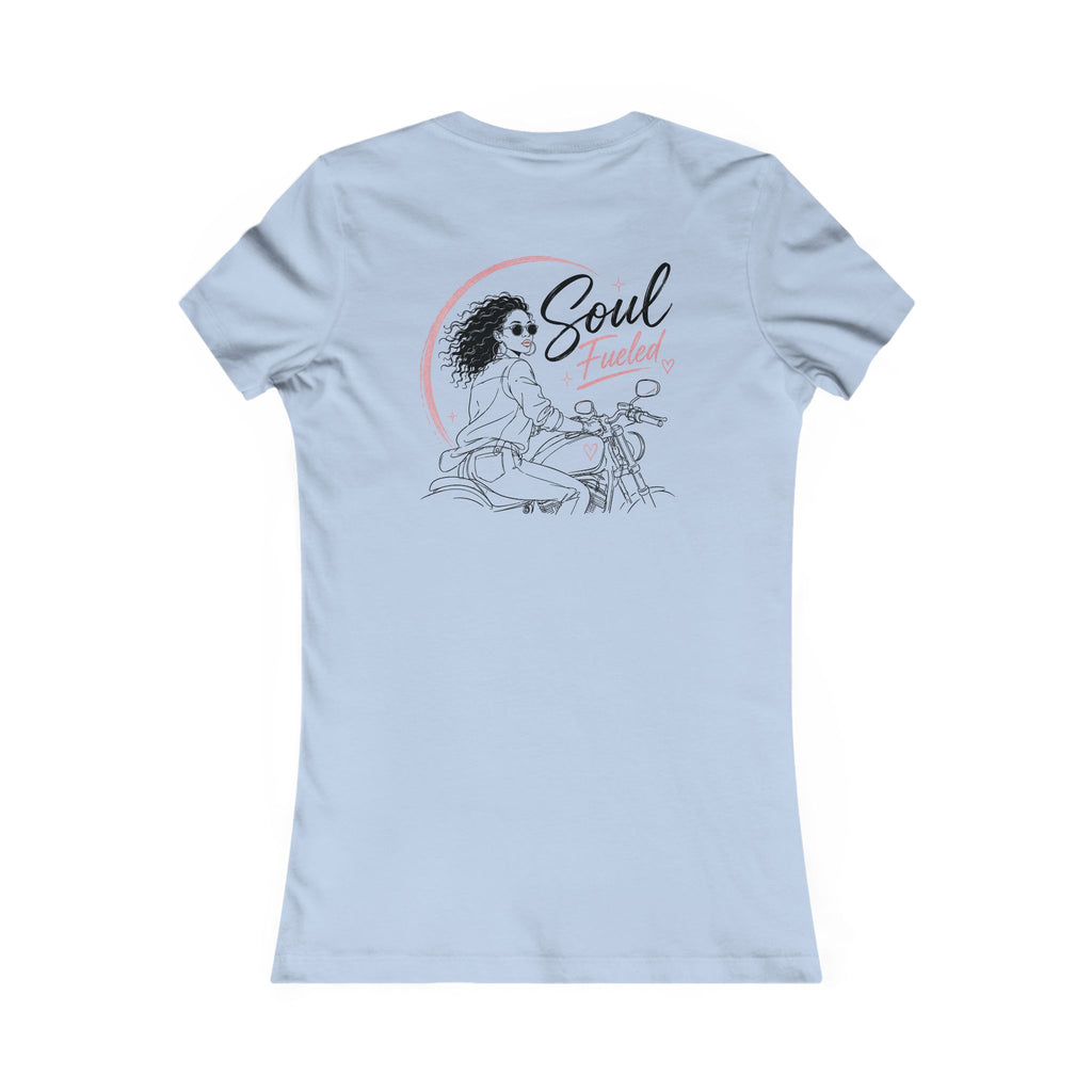 Women's Motorcycle Tee — "Soul Fueled" Graphic Shirt (dark hair)