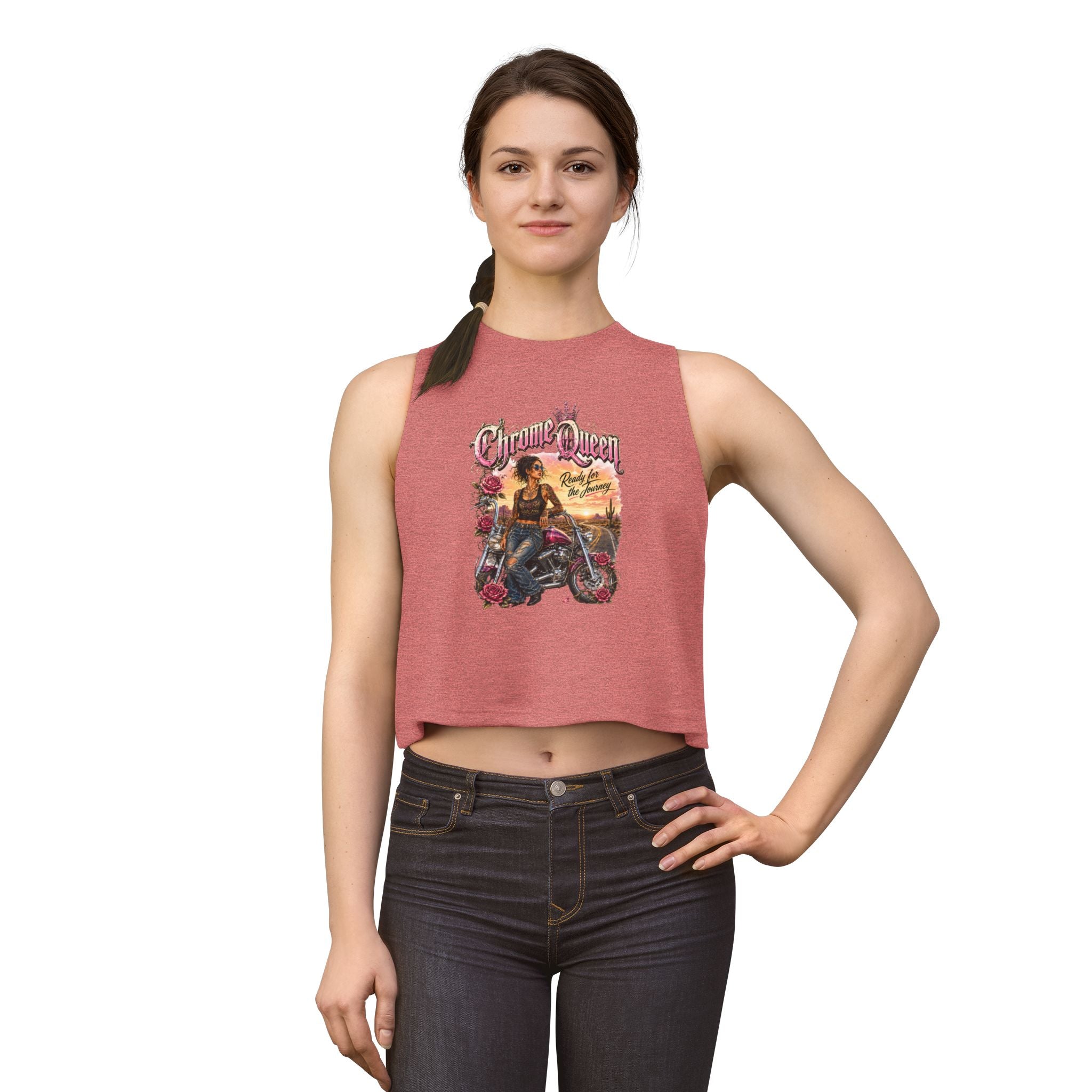 Chrome Queen Motorcycle Crop Top — Retro Biker Girl Graphic