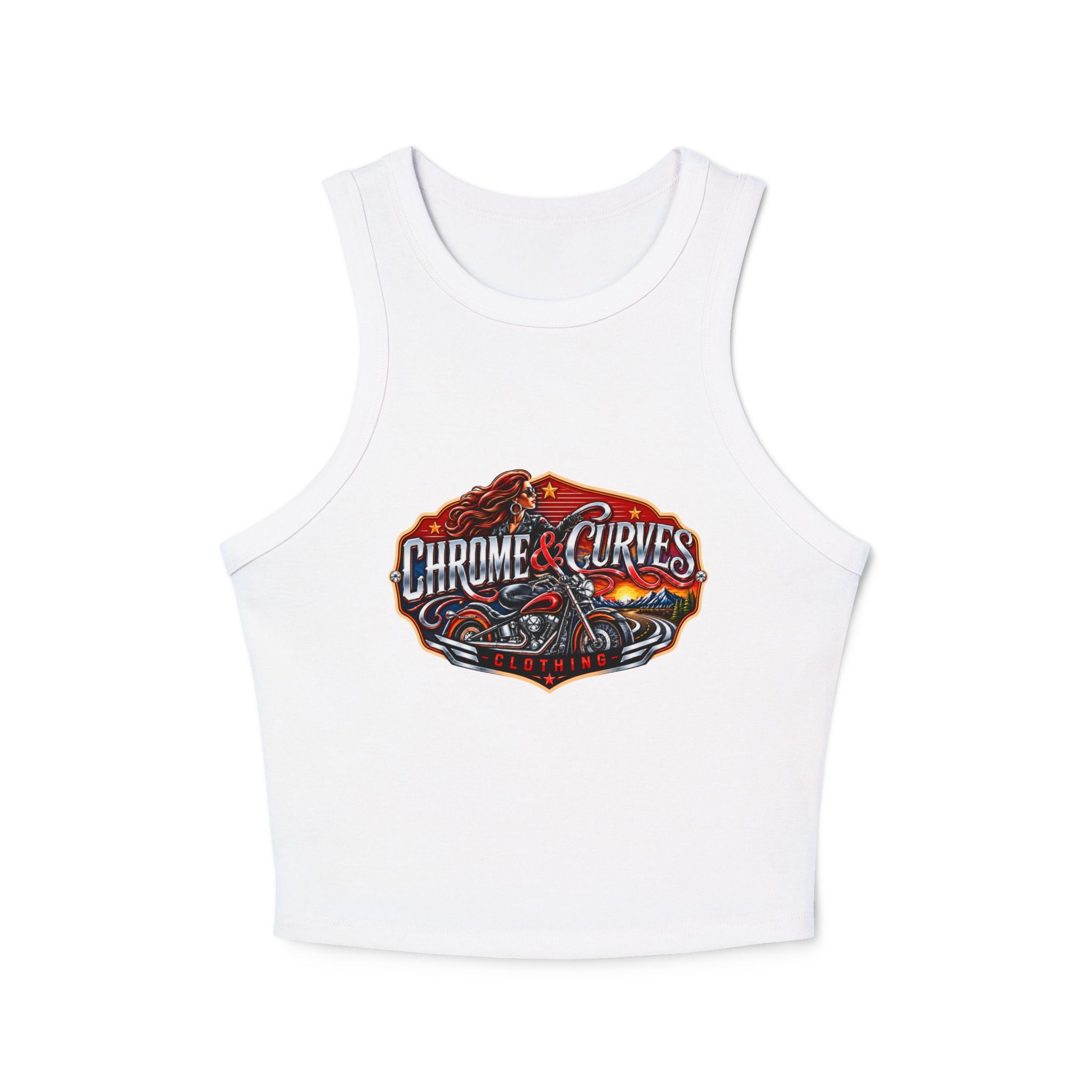 Chrome & Curves Racer Tank Top - Vintage Motorcycle Graphic Women's Crop