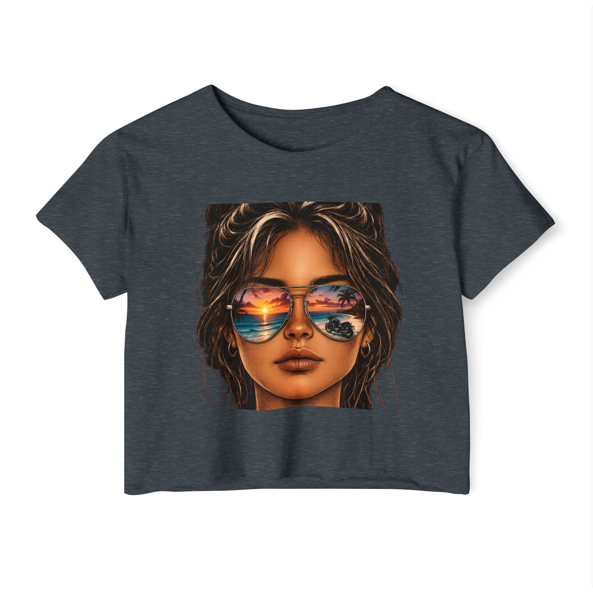 Women's Crop Top — Sunglasses/Motorcyle Sunset Graphic