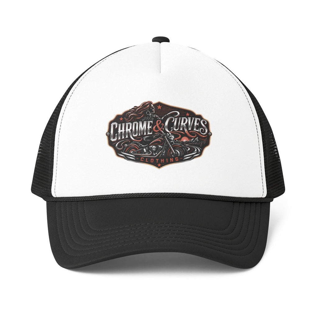 Chrome & Curves Trucker Hat — Vintage Motorcycle Logo Foam Mesh Cap