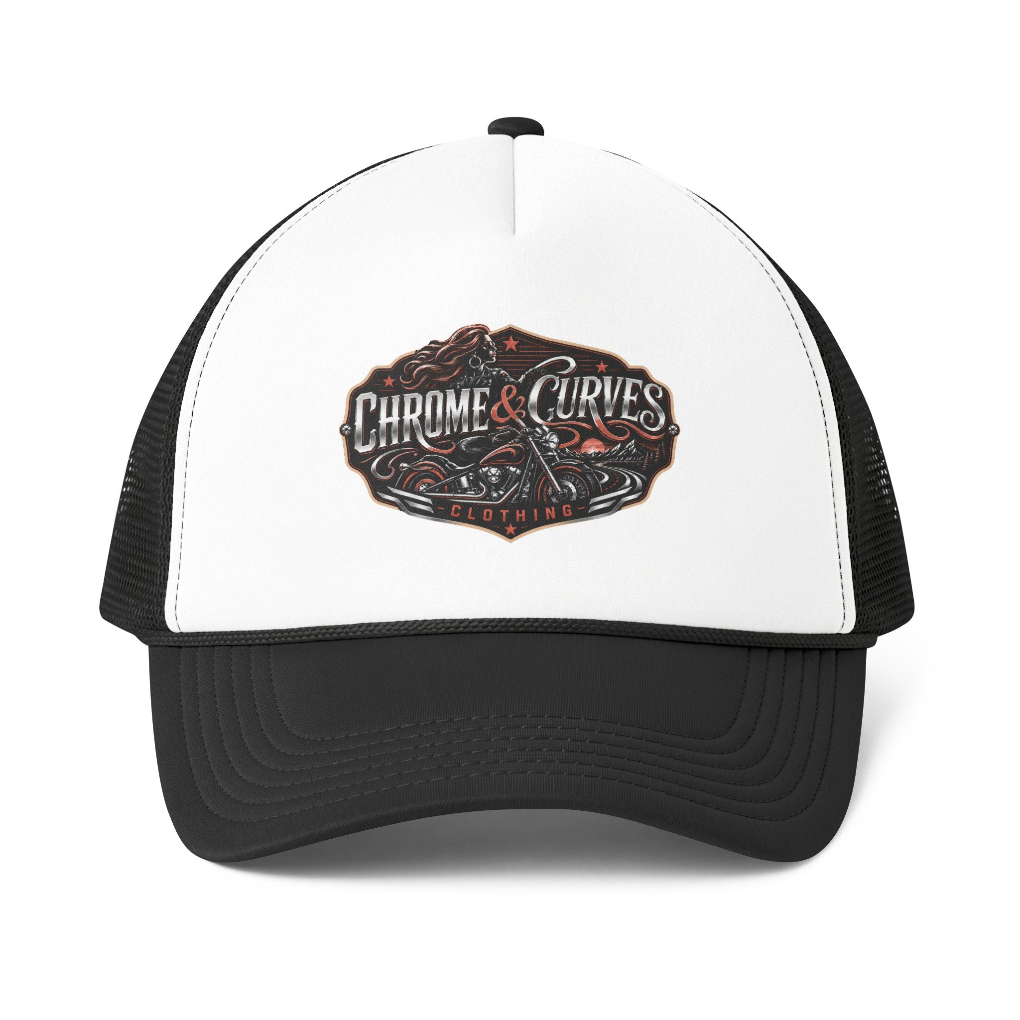 Chrome & Curves Trucker Hat — Vintage Motorcycle Logo Foam Mesh Cap
