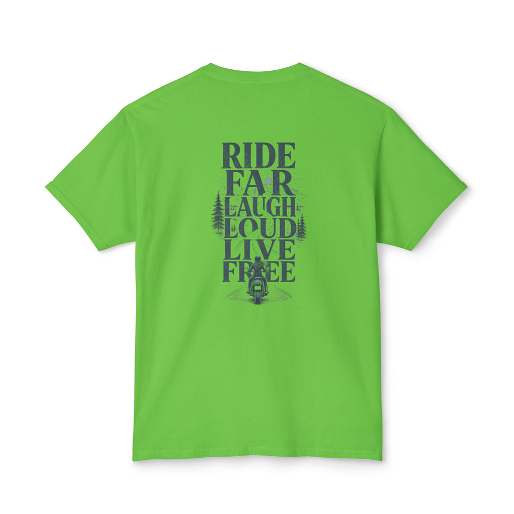 Ride Far Laugh Loud Live Free T-Shirt — Motorcycle Adventure Graphic Tee