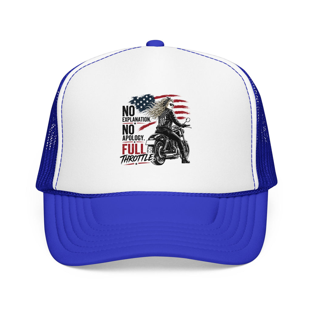 Motorcycle Trucker Hat — "No Explanations, No Apology, Full Throttle" Patriotic Biker Cap