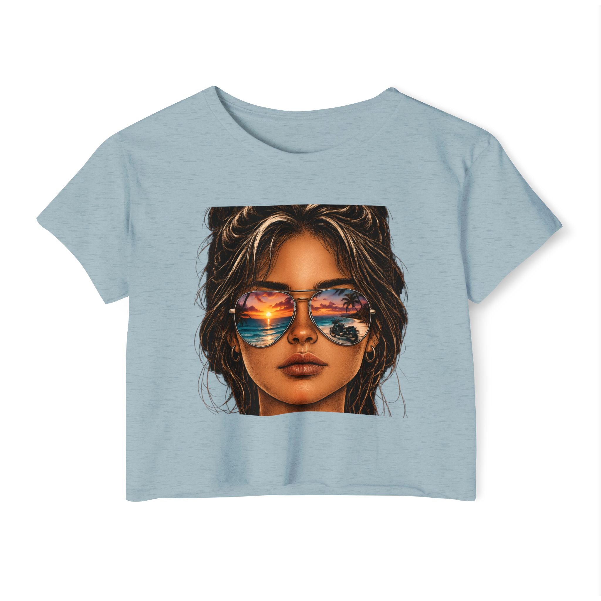 Women's Crop Top — Sunglasses/Motorcyle Sunset Graphic