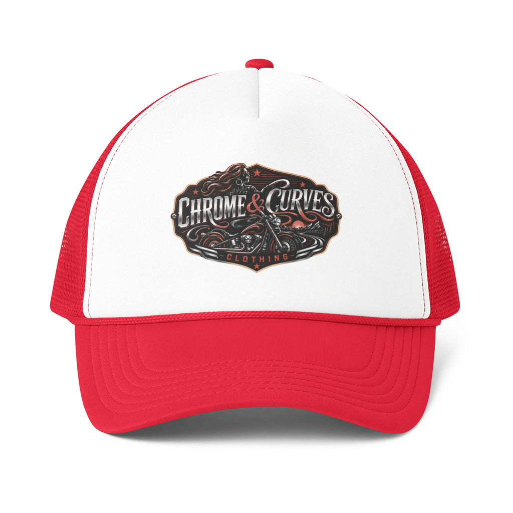 Chrome & Curves Trucker Hat — Vintage Motorcycle Logo Foam Mesh Cap