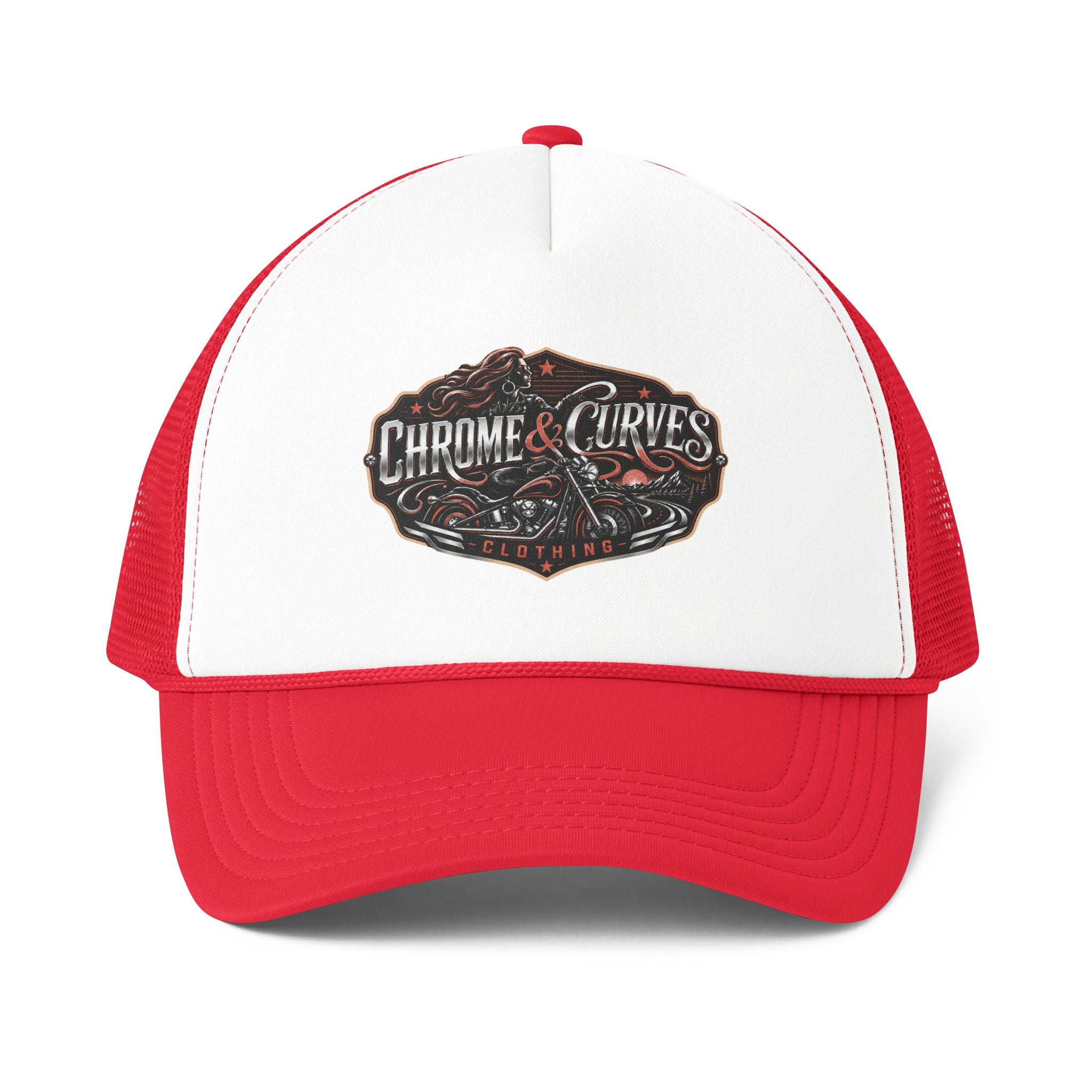 Chrome & Curves Trucker Hat — Vintage Motorcycle Logo Foam Mesh Cap