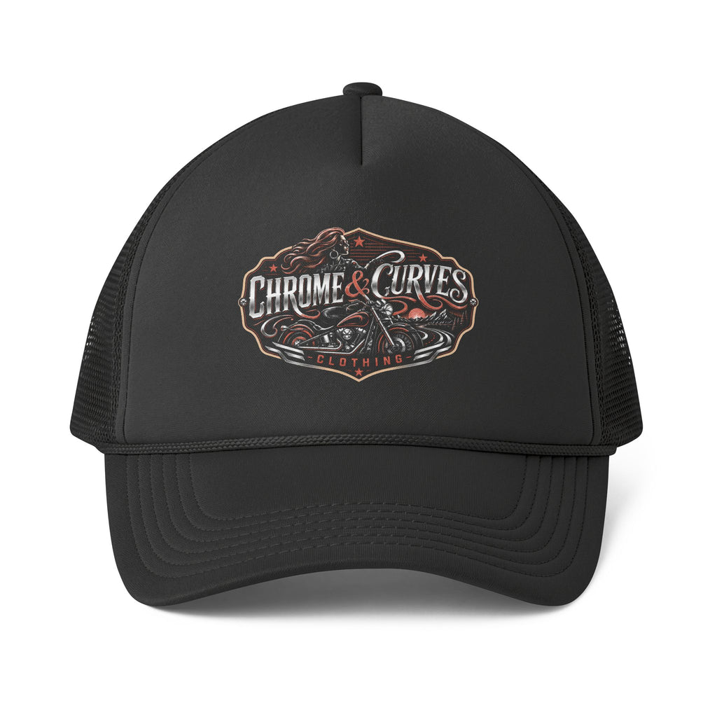 Chrome & Curves Trucker Hat — Vintage Motorcycle Logo Foam Mesh Cap