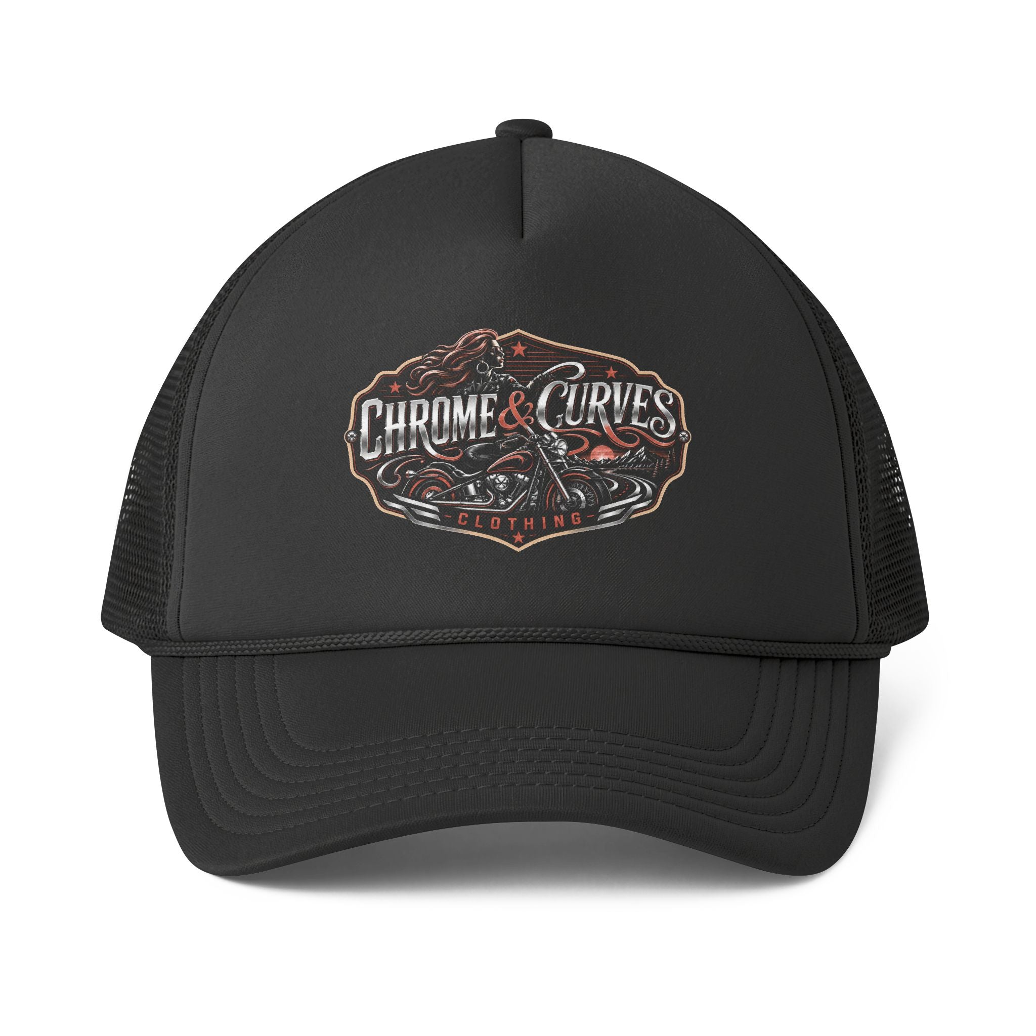 Chrome & Curves Trucker Hat — Vintage Motorcycle Logo Foam Mesh Cap