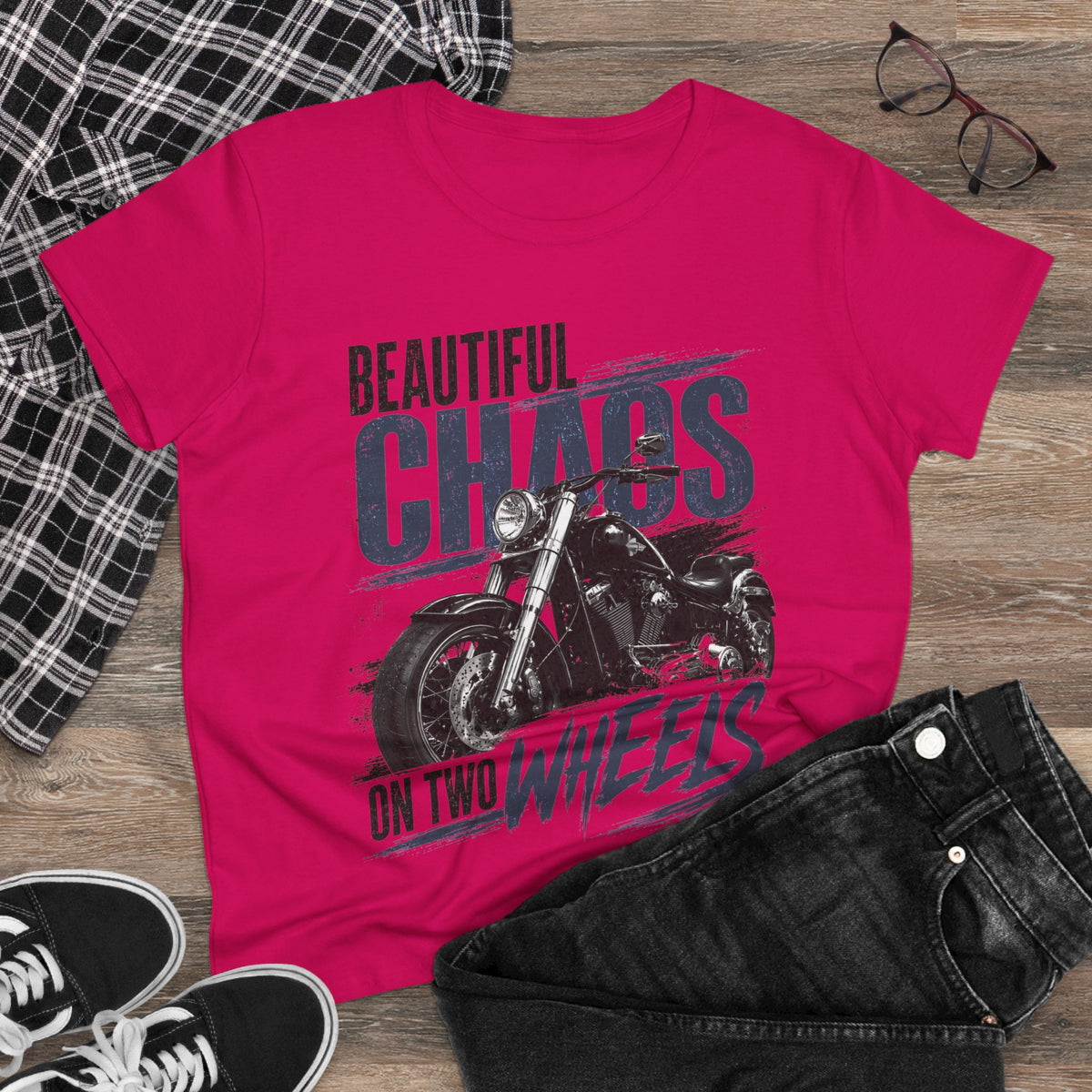 Beautiful Chaos On Two Wheels Women's Tee – Motorcycle Rider Graphic Shirt