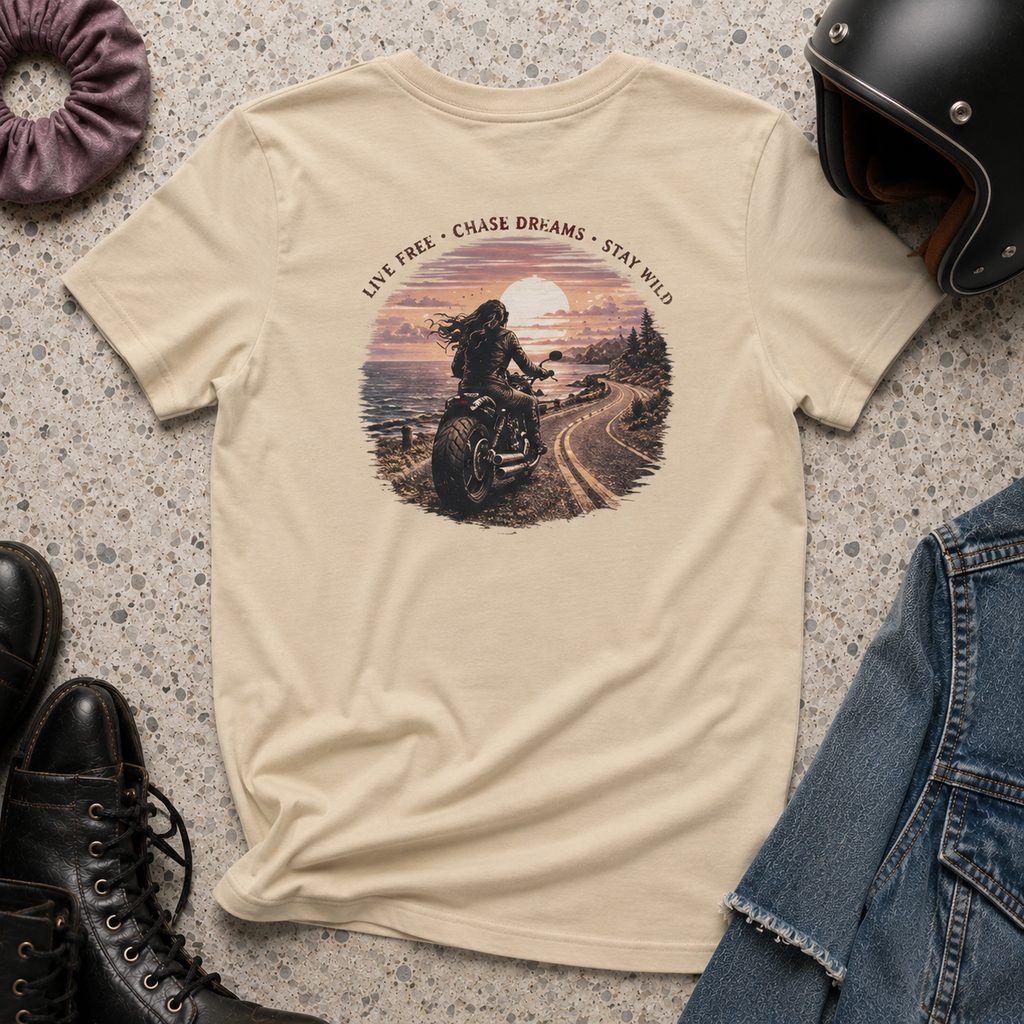 Women's Motorcycle Tee — "Live Free, Chase Dreams" Graphic Shirt