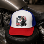 Motorcycle Trucker Hat — "No Explanations, No Apology, Full Throttle" Patriotic Biker Cap