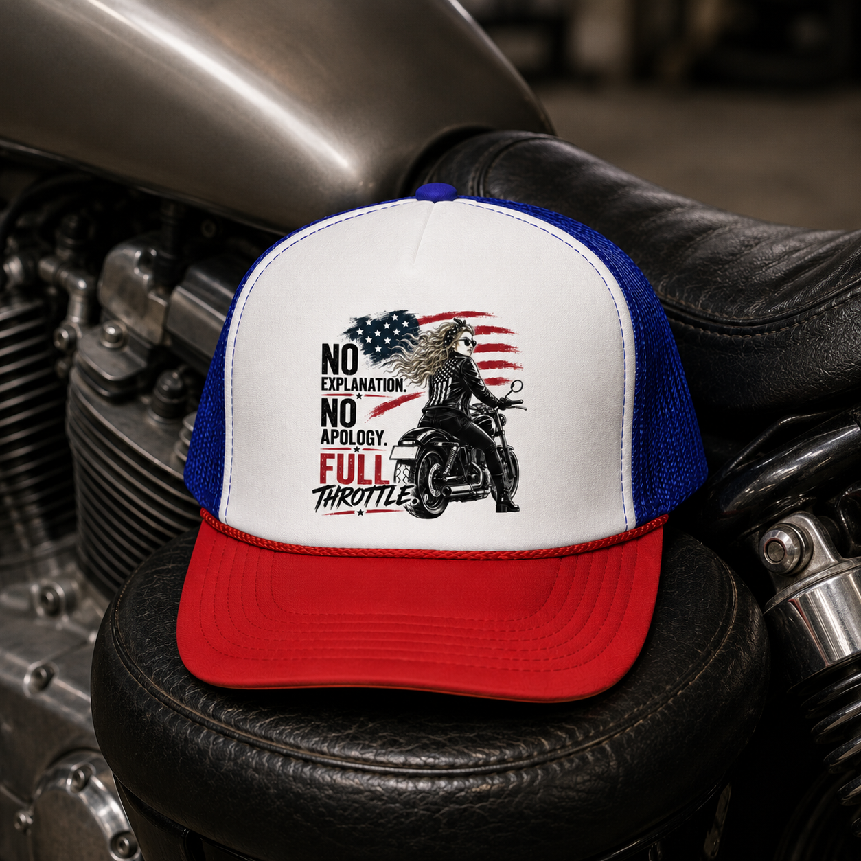 Motorcycle Trucker Hat — "No Explanations, No Apology, Full Throttle" Patriotic Biker Cap