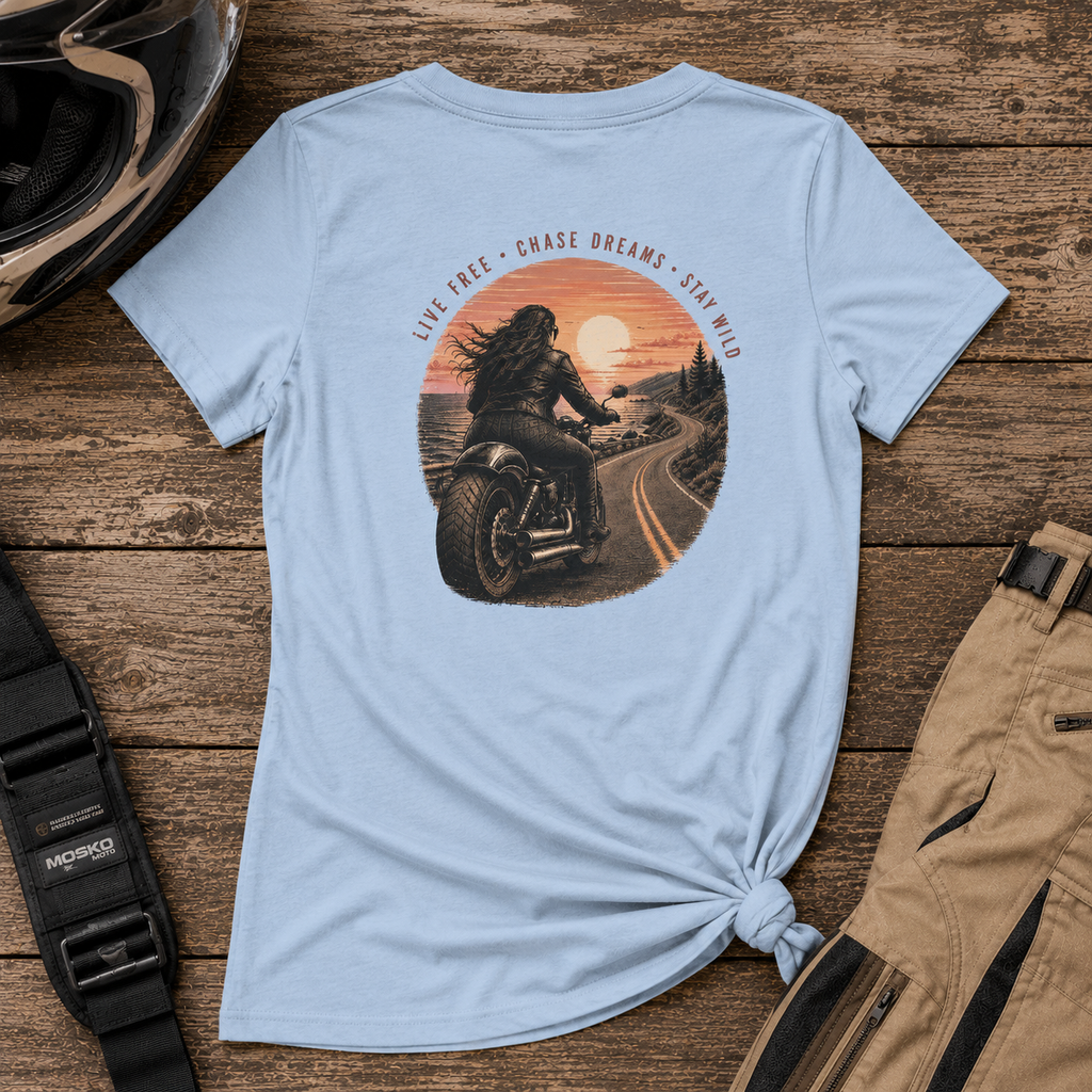 Women's Motorcycle Tee — "Live Free, Chase Dreams" BP Graphic Shirt