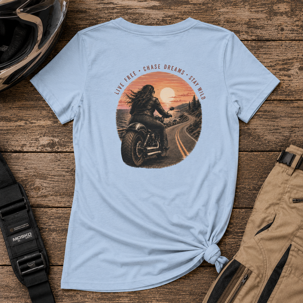 Women's Motorcycle Tee — "Live Free, Chase Dreams" BP Graphic Shirt