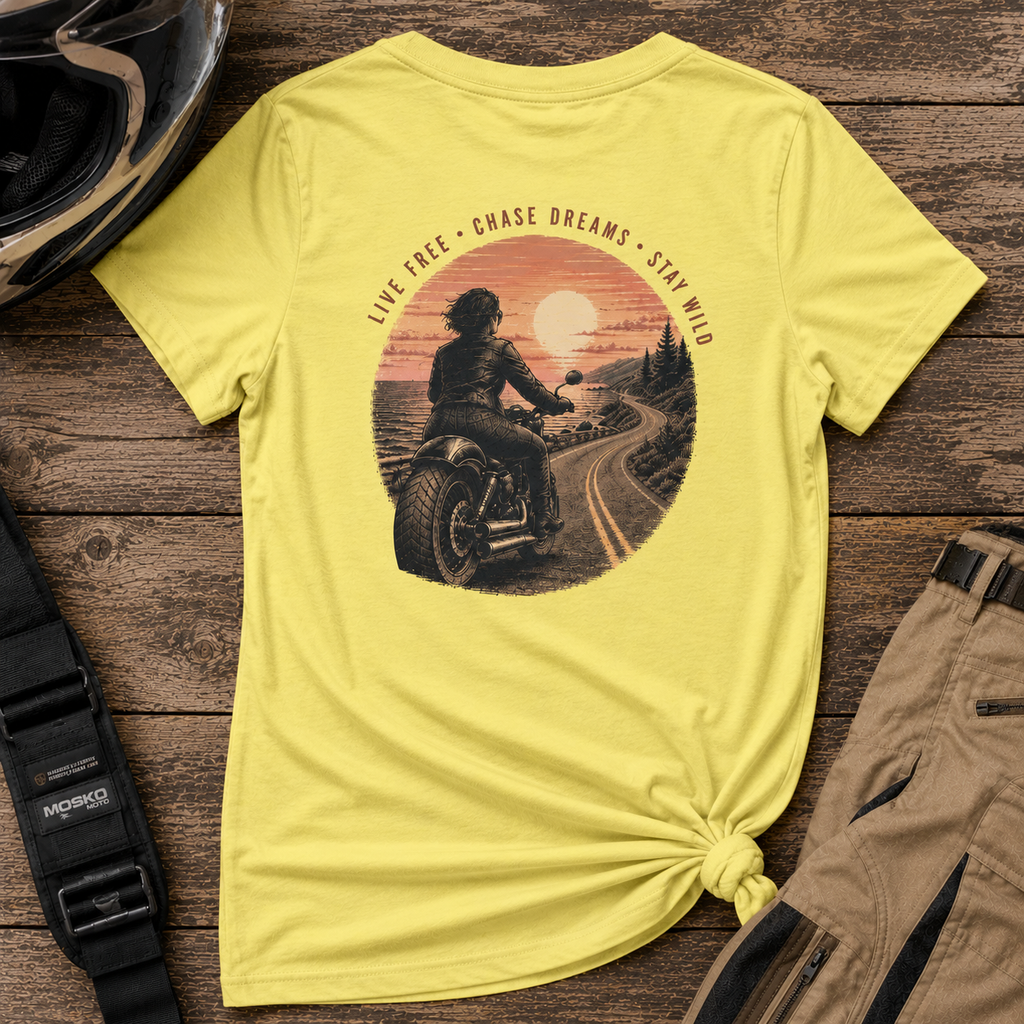 Women's Motorcycle Tee — "Live Free, Chase Dreams" SH Graphic Shirt