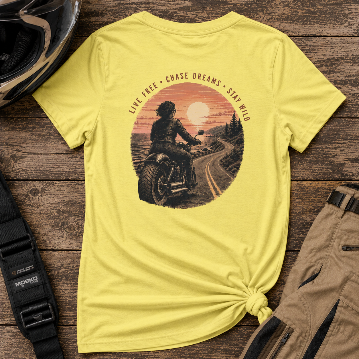 Women's Motorcycle Tee — "Live Free, Chase Dreams" SH Graphic Shirt