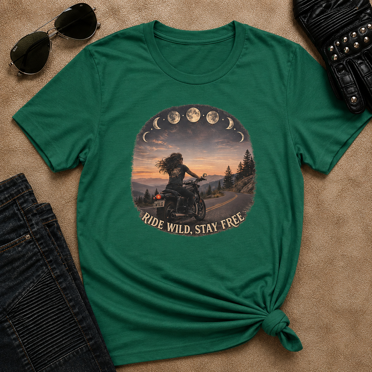 Women's Motorcycle Tee — "Ride Wild, Stay Free" Graphic Shirt