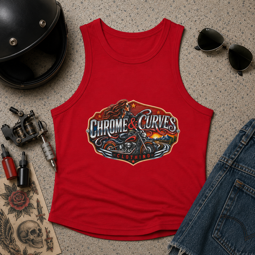 Chrome & Curves Racer Tank Top - Vintage Motorcycle Graphic Women's Crop