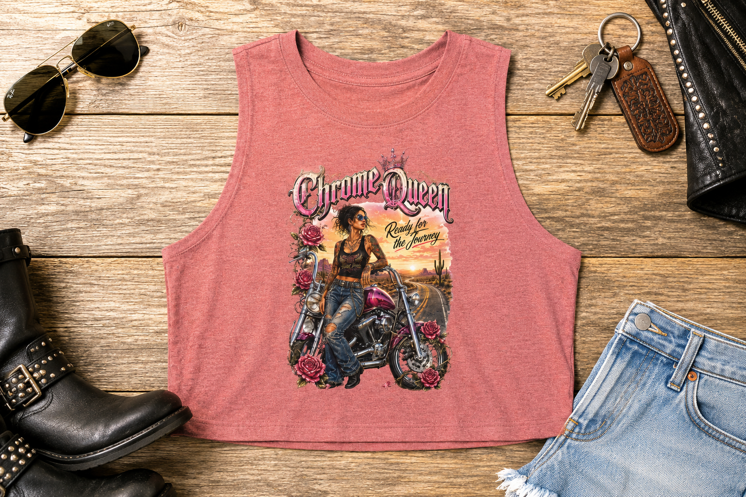 Chrome Queen Motorcycle Crop Top — Retro Biker Girl Graphic