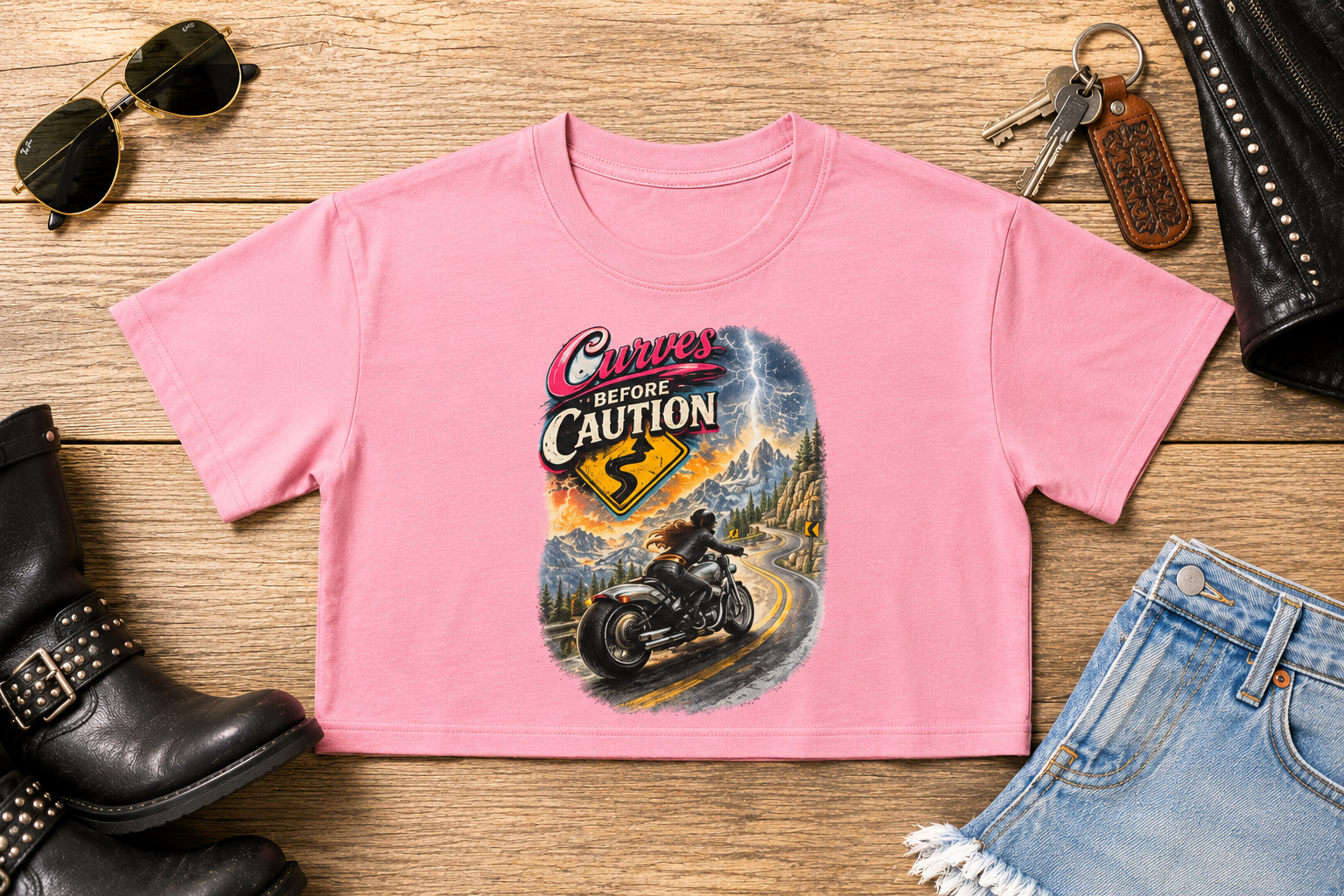 Motorcycle Caution Crop Tee – Retro Rider Graphic Women's Shirt