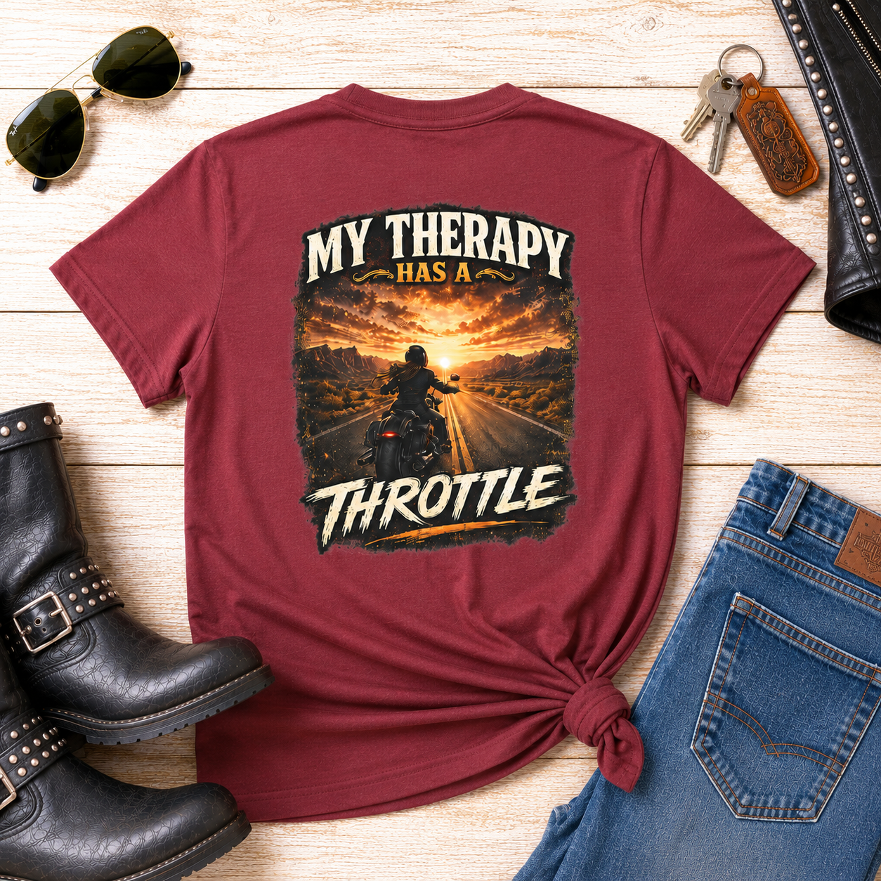 Women’s Motorcycle Tee — “My Therapy Has a Throttle” Graphic Shirt