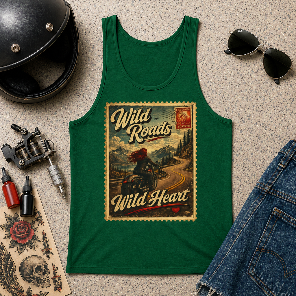 Wild Roads, Wild Heart Tank Top — Vintage Motorcycle Adventure Graphic Tank