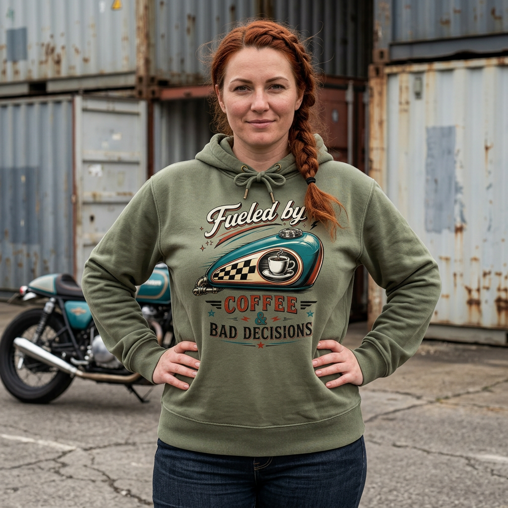 Hoodie — "Fueled by Coffee & Bad Decisions" Retro Motorcycle Coffee Graphic