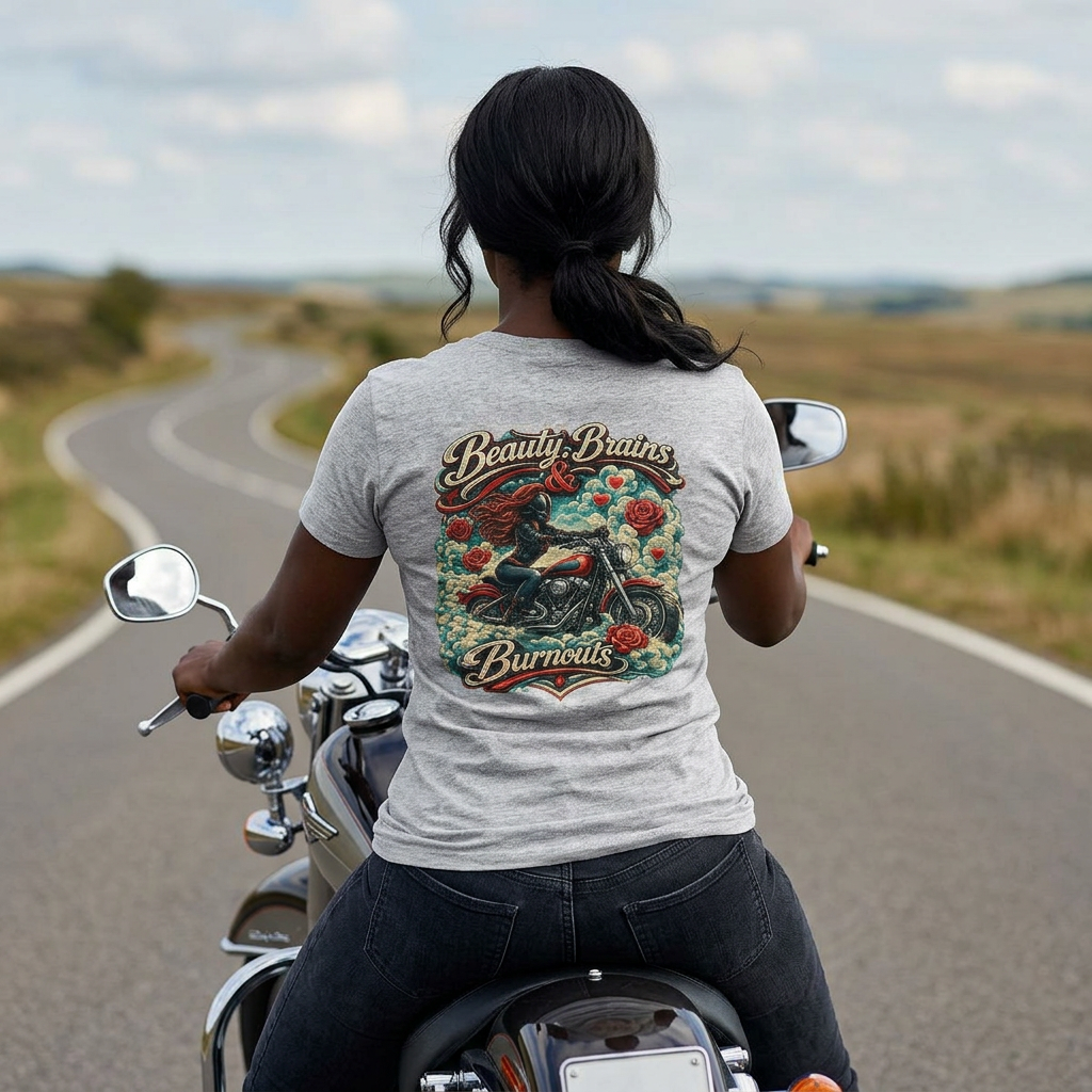 Women's Tee — Vintage Motorcycle “Beauty, Brains & Burnouts” Graphic