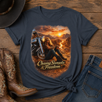 Women’s Motorcycle Tee — "Chasing Sunsets & Freedom" Graphic Shirt