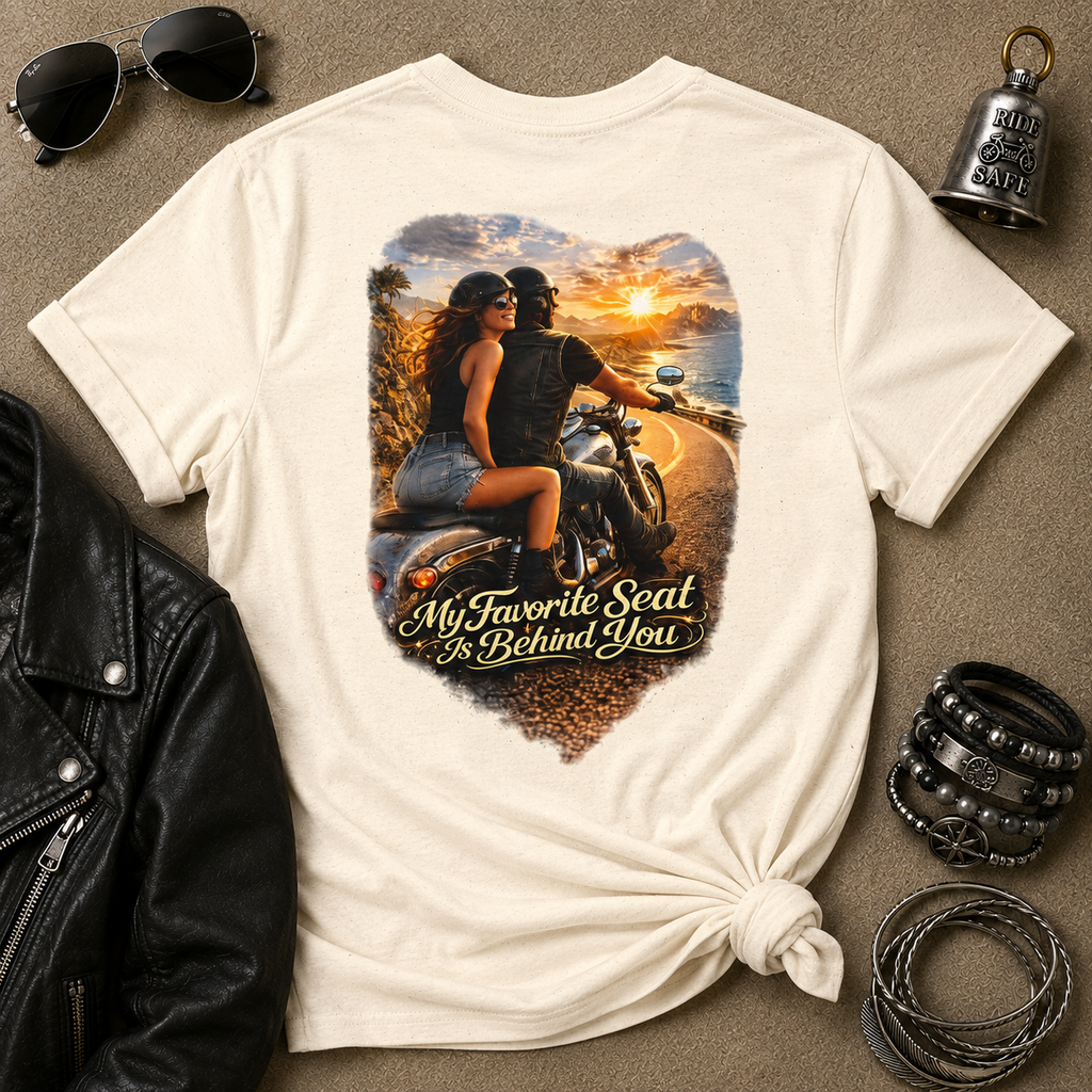 T-Shirt — "My Favorite Seat Is Behind You" Motorcycle Couple Sunset Tee