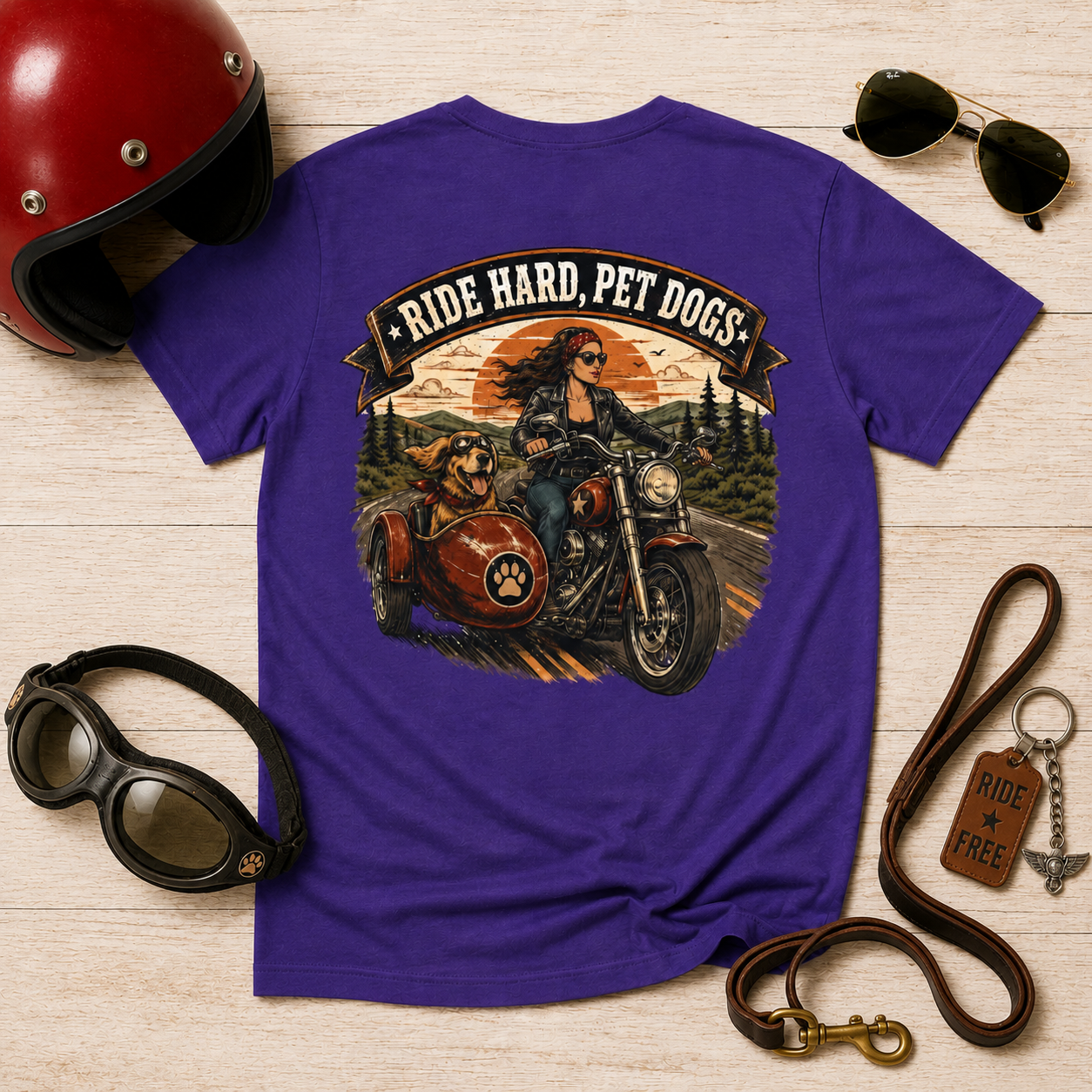 Ride Hard Pet Dogs Women's Tee — Motorcycle Sidecar Dog Lover Vintage Graphic Shirt