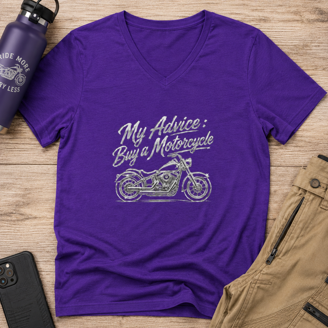 Ladies' V-Neck T-Shirt — "My Advice: Buy a Motorcycle" Vintage Motorcycle Graphic