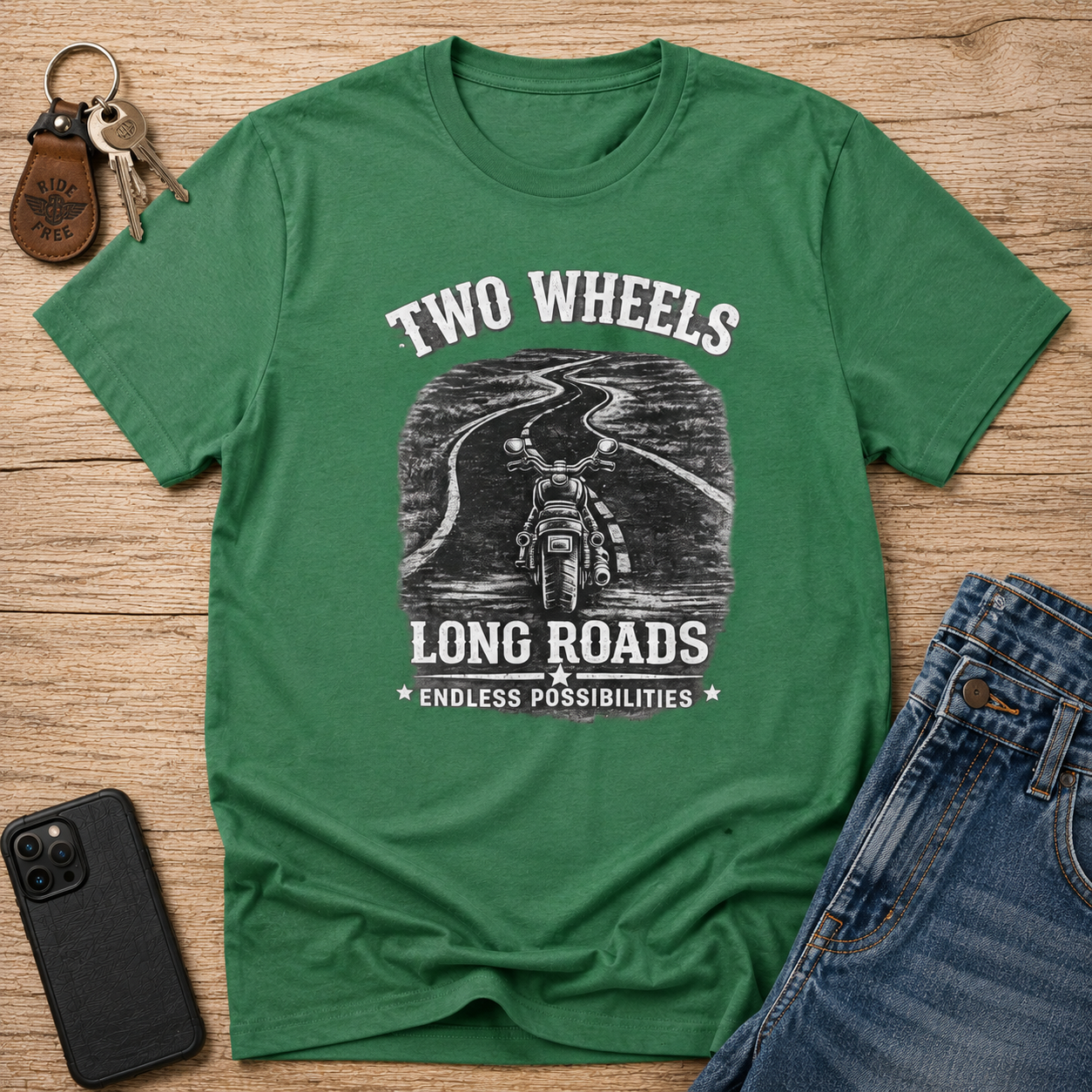 Two Wheels Long Roads Motorcycle T-Shirt — Vintage Biker Ride Tee