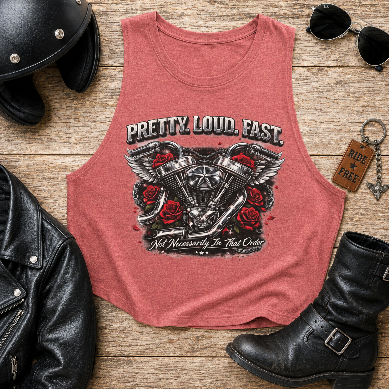 Pretty Loud Fast Motorcycle Crop Top — Women's Biker Tank with Engine & Roses