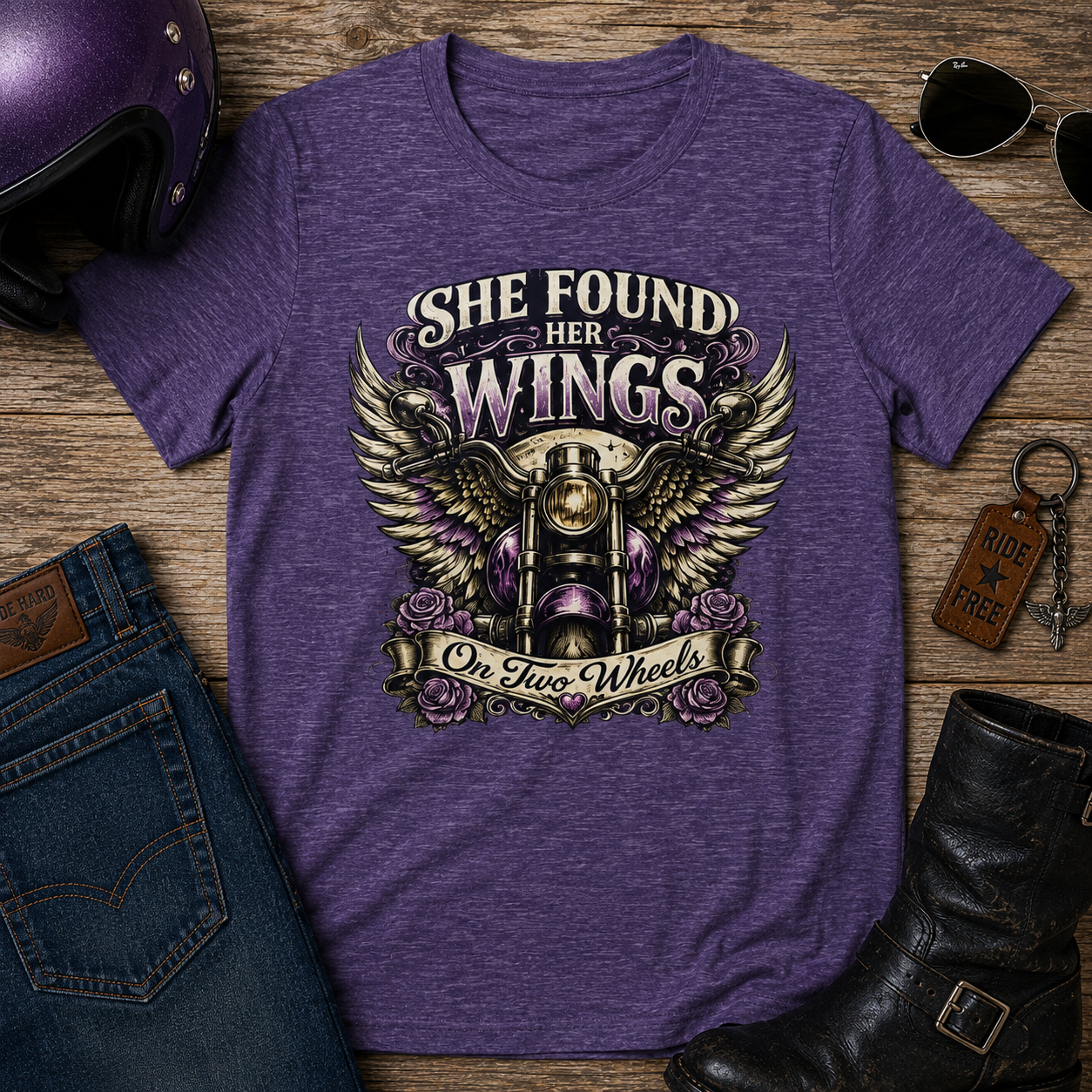 She Found Her Wings Motorcycle Tee — Women's Biker Graphic T-Shirt