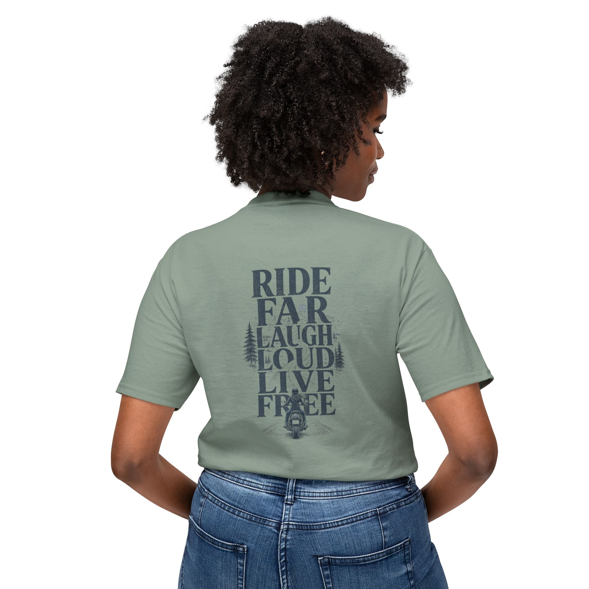 Ride Far Laugh Loud Live Free T-Shirt — Motorcycle Adventure Graphic Tee