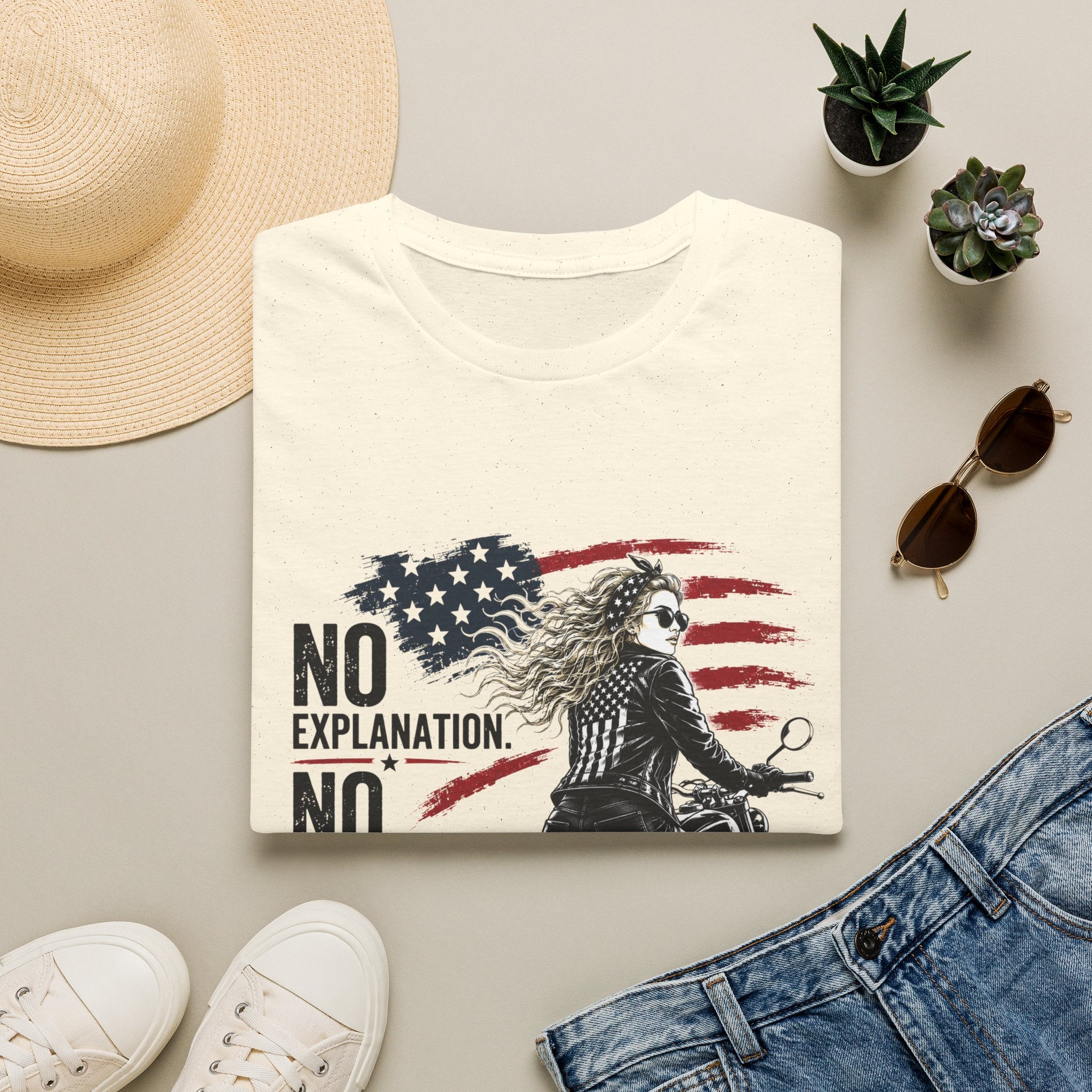 No Explanation No Apology Full Throttle Motorcycle T-Shirt | American Flag