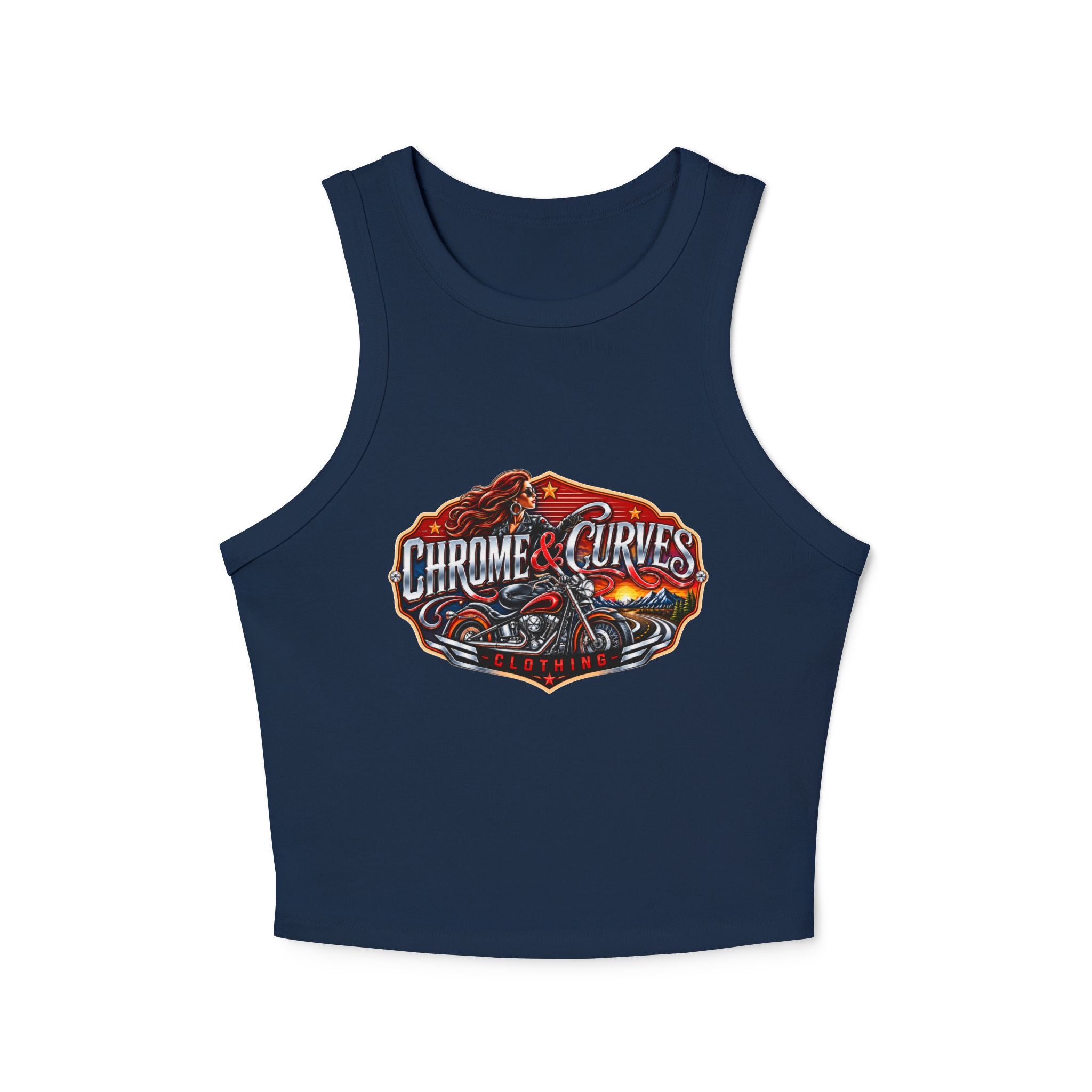Chrome & Curves Racer Tank Top - Vintage Motorcycle Graphic Women's Crop