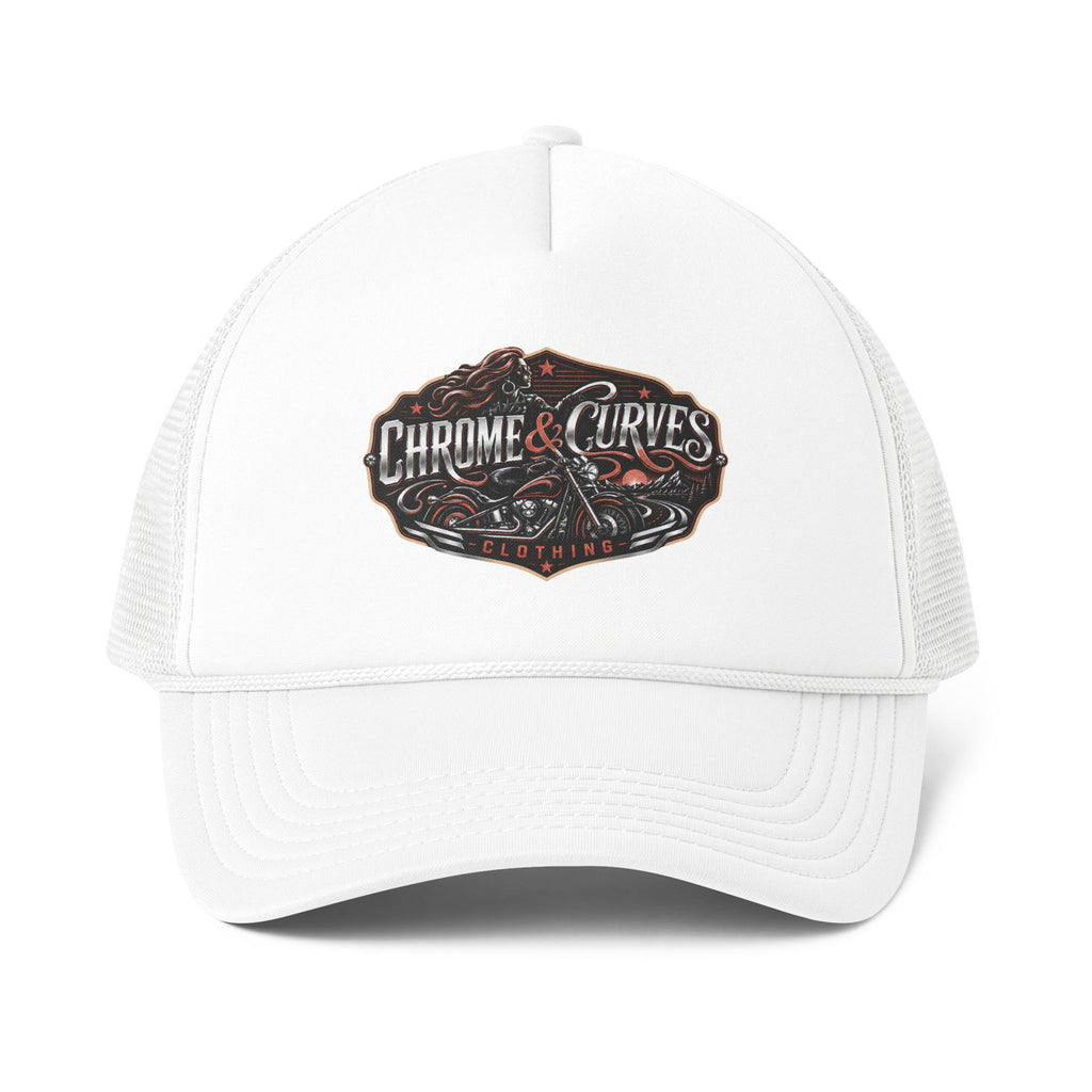 Chrome & Curves Trucker Hat — Vintage Motorcycle Logo Foam Mesh Cap