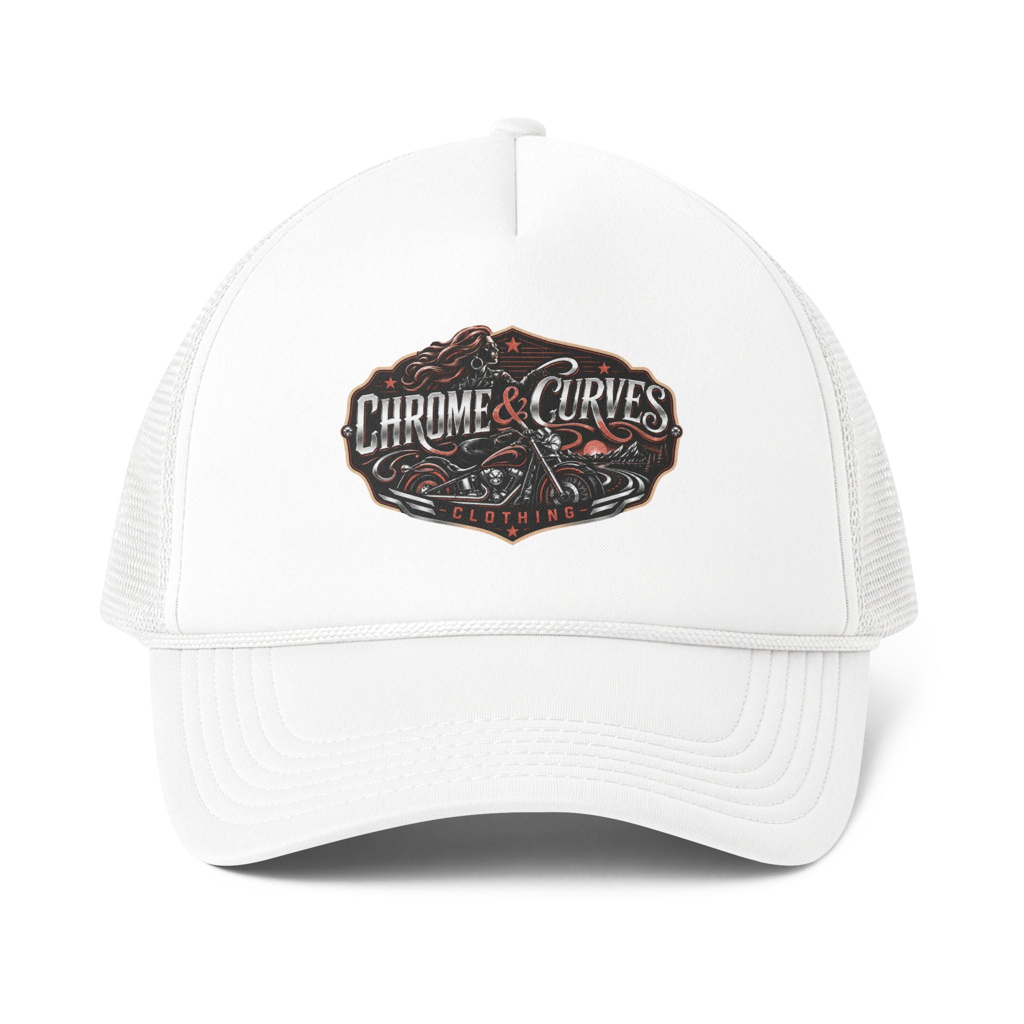 Chrome & Curves Trucker Hat — Vintage Motorcycle Logo Foam Mesh Cap