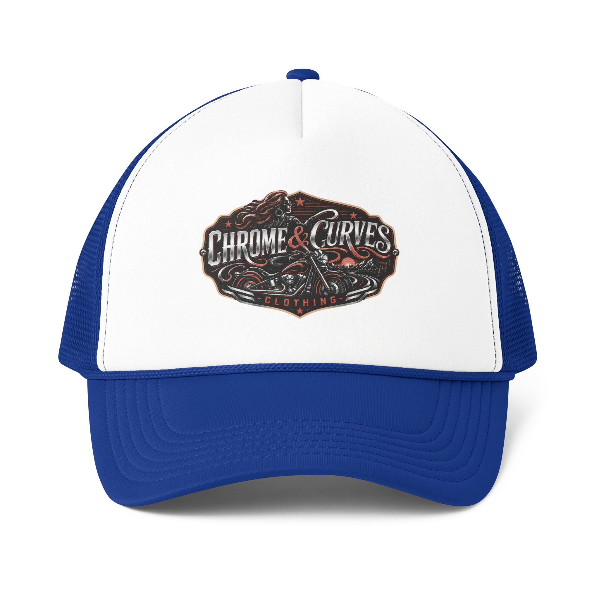 Chrome & Curves Trucker Hat — Vintage Motorcycle Logo Foam Mesh Cap