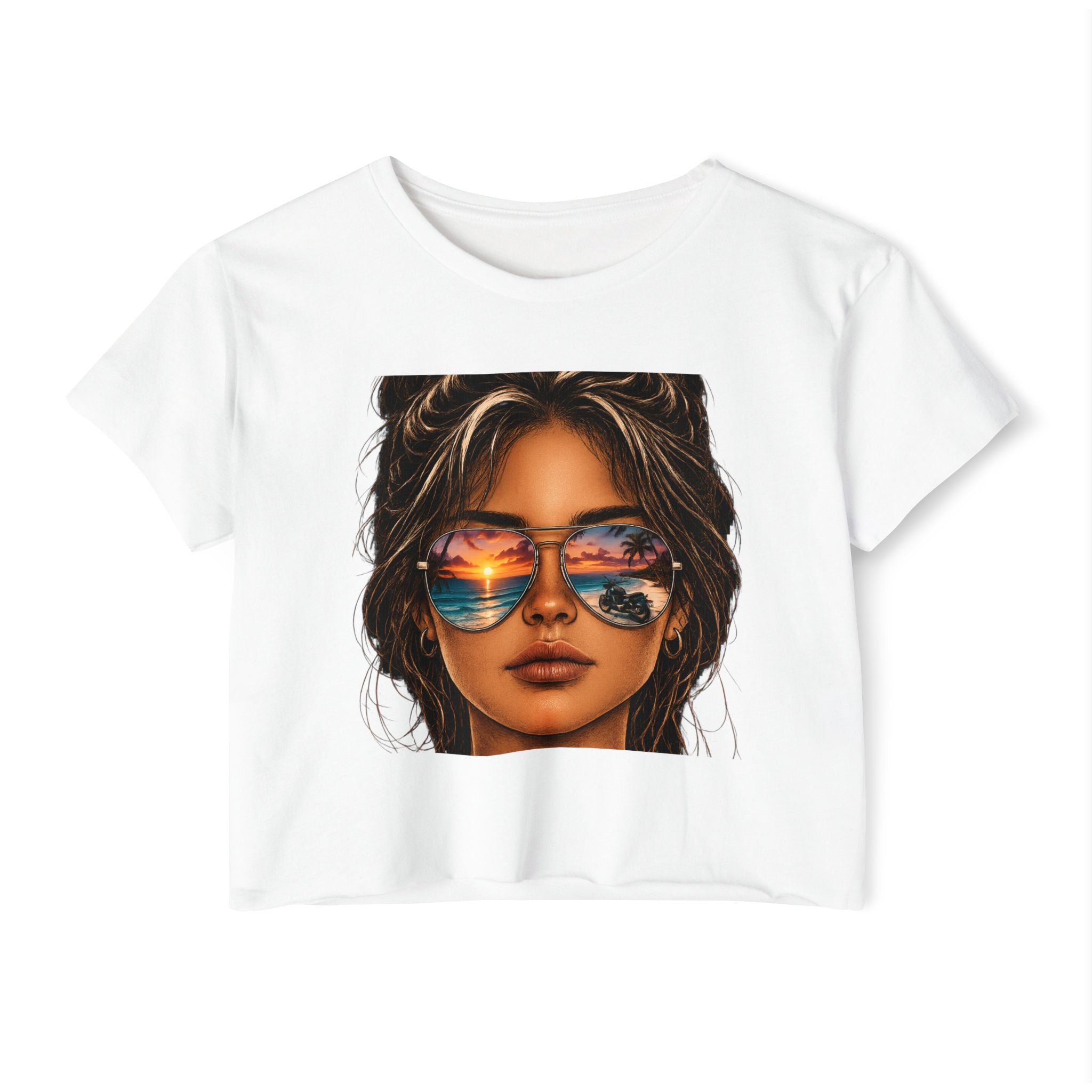 Women's Crop Top — Sunglasses/Motorcyle Sunset Graphic